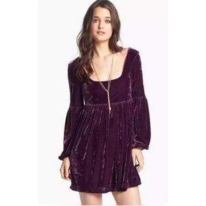 Free People Oh So Easy Purple Velvet Long Sleeve Mini Babydoll Dress sz M